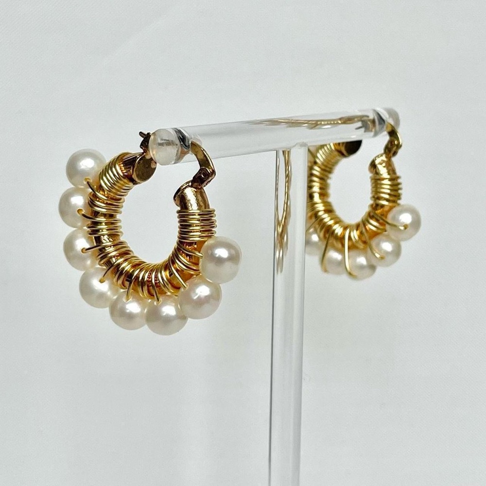 Handcrafted gold tone white pearl mini hoop earrings